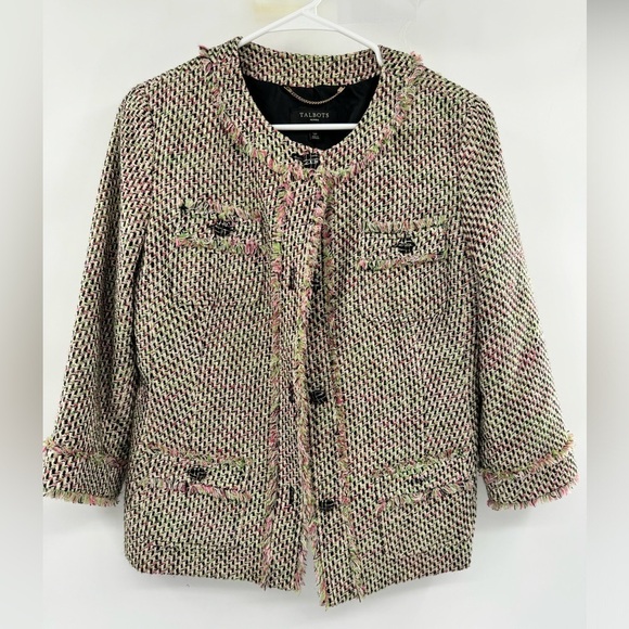 Talbots jacquard sweater jacket suit separate size 12P green pink brown - Picture 3 of 14